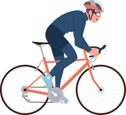 Hombre emocionado ciclista profesional con casco protector montando bicicleta deportiva  Ilustración