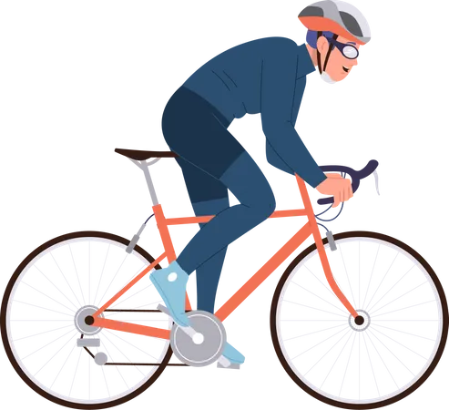 Hombre emocionado ciclista profesional con casco protector montando bicicleta deportiva  Ilustración