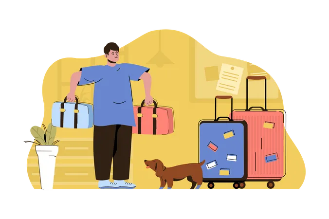 Hombre empacando equipaje y preparándose para un viaje de vacaciones  Ilustración
