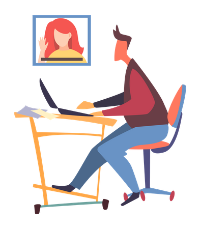 Un oficinista sentado en la mesa, usando una computadora portátil, hablando a través de una videollamada con una colega  Ilustración