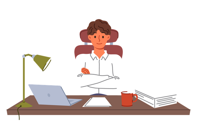 El hombre empresario se sienta en el escritorio con papeles y una computadora portátil cruzando los brazos como señal de confianza en sí mismo  Ilustración