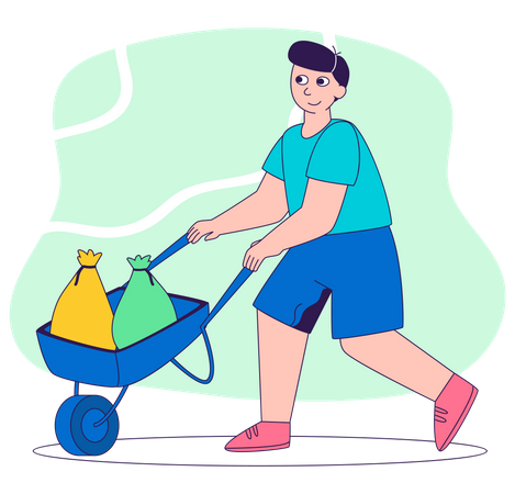 Hombre empujando el carrito de mano con bolsa de basura  Ilustración