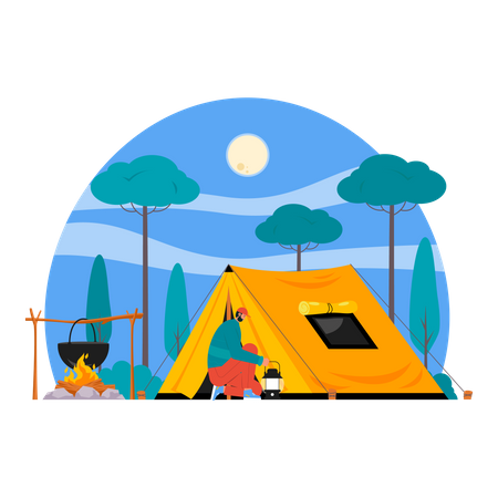 Hombre en camping de aventura  Ilustración