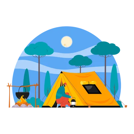 Hombre en camping de aventura  Ilustración