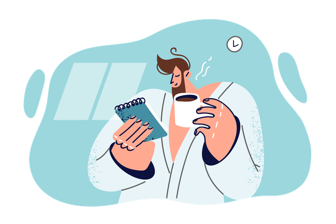 Un hombre en bata de baño bebe café en lugar de desayunar y sostiene un cuaderno  Ilustración