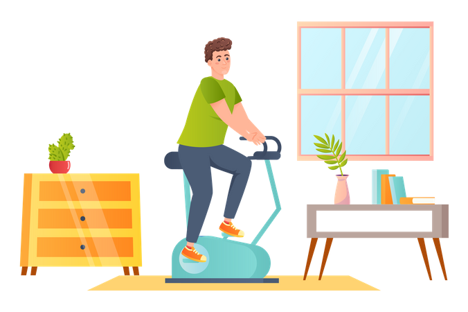 Hombre en bicicleta dentro de casa haciendo ejercicio físico  Ilustración