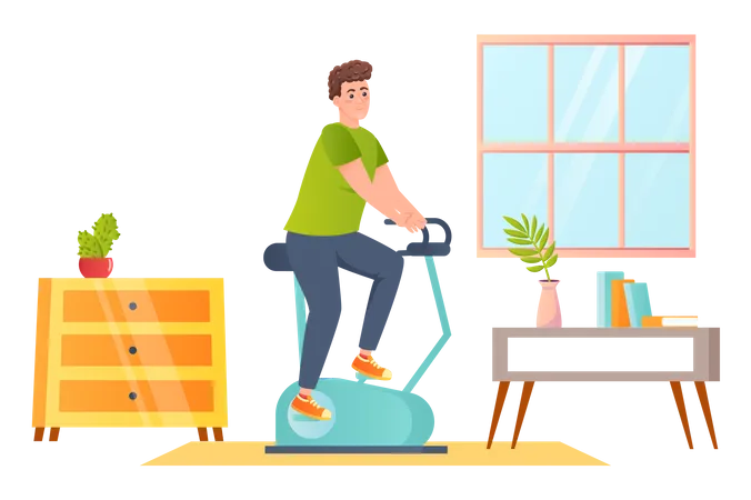 Hombre en bicicleta dentro de casa haciendo ejercicio físico  Ilustración