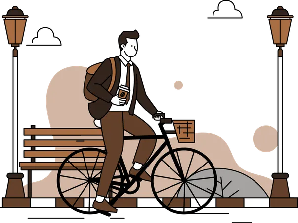 Hombre en bicicleta mientras toma café  Ilustración