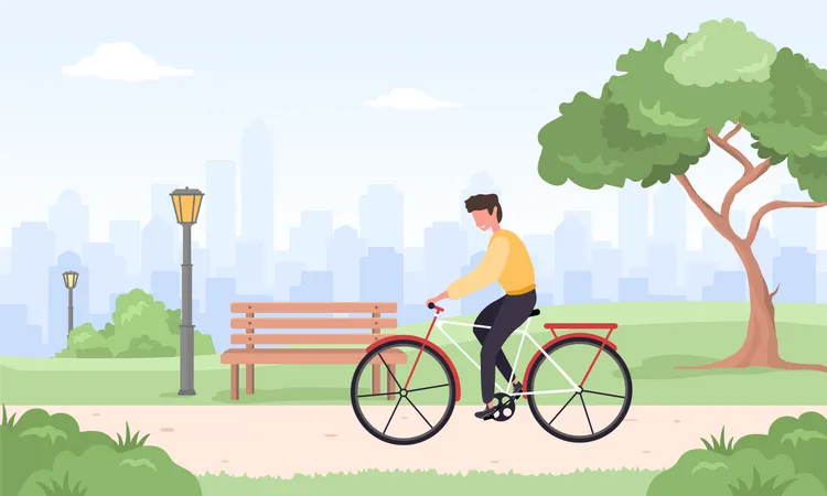 Un Hombre En Bicicleta Recorre La Ciudad Paisaje De Primavera O Verano Feliz Joven En Bicicleta En El Parque Actividad Deportiva Y De Ocio Al Aire Libre Ilustracion Vectorial En Estilo De Dibujos Animados Planos Ilustración