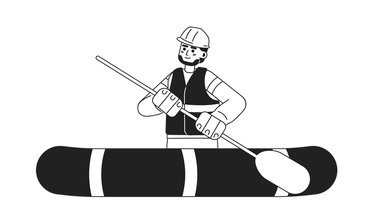 Hombre en bote inflable remando  Ilustración