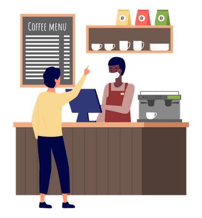 Hombre en cafetería durante la cuarentena  Ilustración