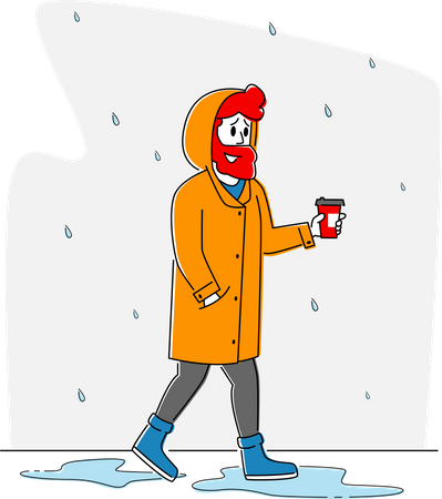 Hombre en capa sosteniendo una taza de café caminando sin paraguas bajo la lluvia  Ilustración