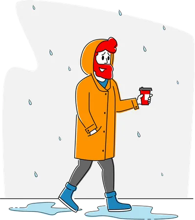 Hombre en capa sosteniendo una taza de café caminando sin paraguas bajo la lluvia  Ilustración