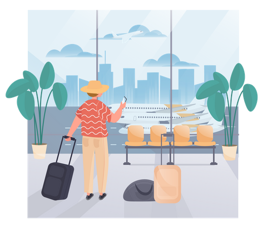 Hombre en el aeropuerto con equipaje  Ilustración