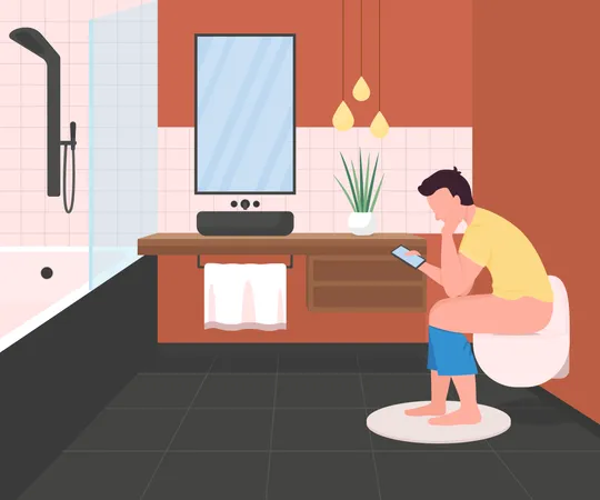 Hombre en el baño con teléfono  Ilustración