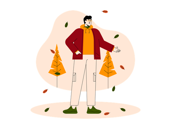 Hombre en el parque en temporada de otoño  Ilustración