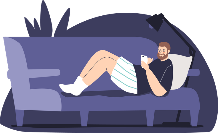 Hombre en el sofá con teléfono inteligente  Ilustración