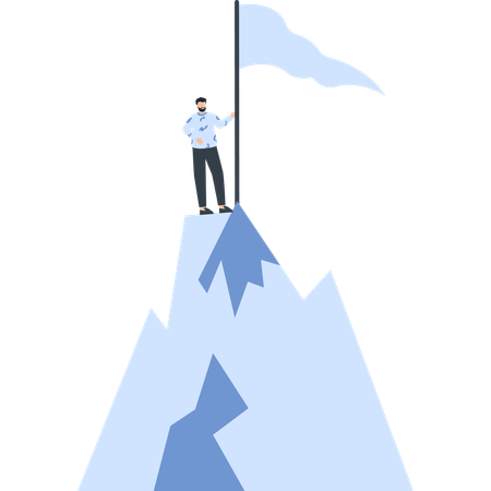 Hombre en la cima de una montaña con una bandera  Ilustración