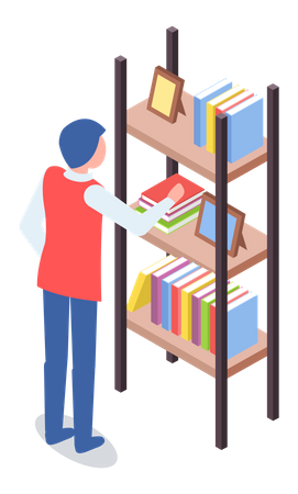 Hombre en la librería parado cerca de una estantería con libros  Ilustración