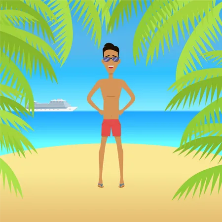 Hombre en la playa con arena y palmeras.  Ilustración