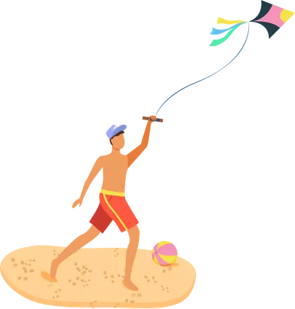 Hombre en la playa divirtiéndose con cometa  Ilustración