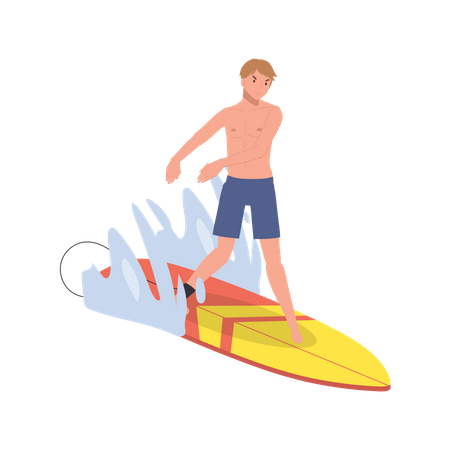 Hombre en la tabla de surf mientras cabalga sobre las olas  Ilustración