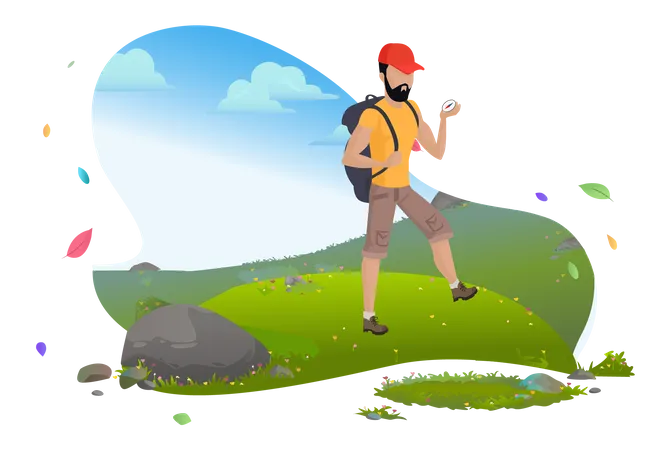 Hombre en senderismo de montaña  Ilustración