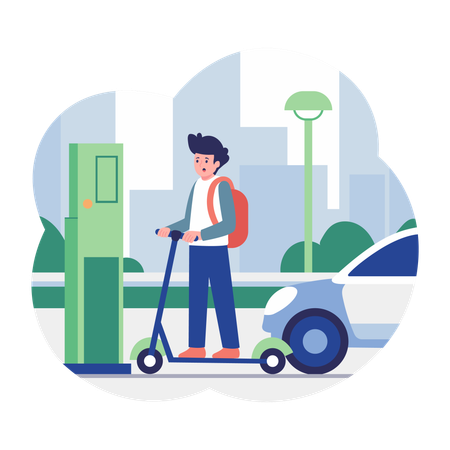 Hombre montando scooter eléctrico  Ilustración