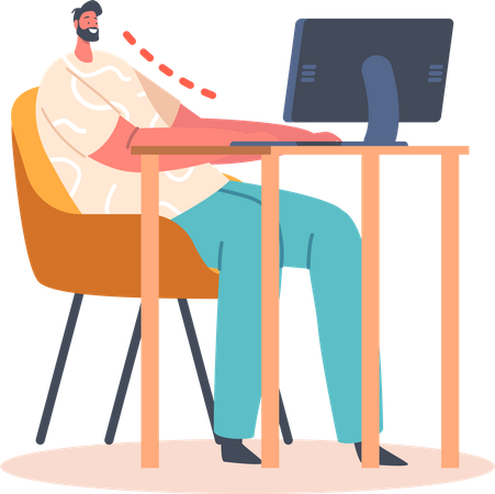 Hombre en posición sentada incorrecta mientras trabaja en la computadora  Ilustración