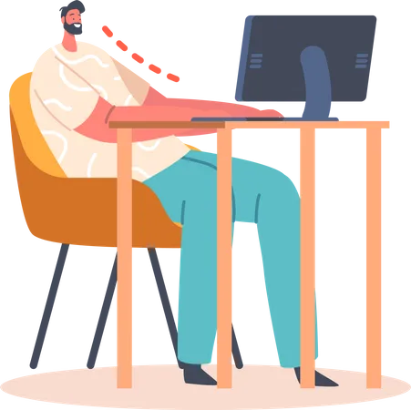 Hombre en posición sentada incorrecta mientras trabaja en la computadora  Ilustración