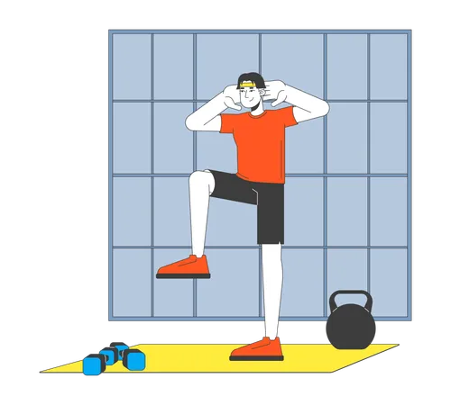 Hombre en ropa deportiva realizando ejercicio de elevación de rodilla  Illustration