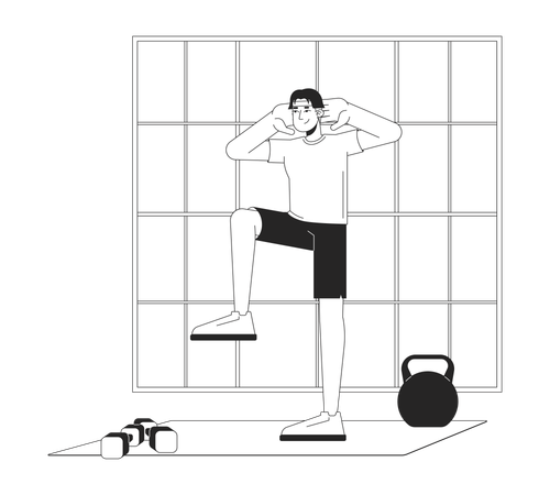 Hombre en ropa deportiva realizando ejercicio de elevación de rodilla  Illustration