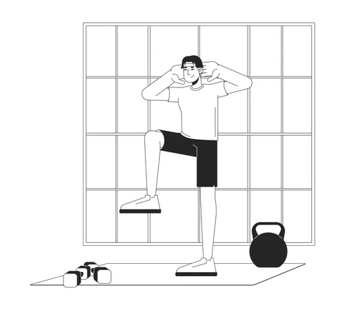 Hombre en ropa deportiva realizando ejercicio de elevación de rodilla  Illustration