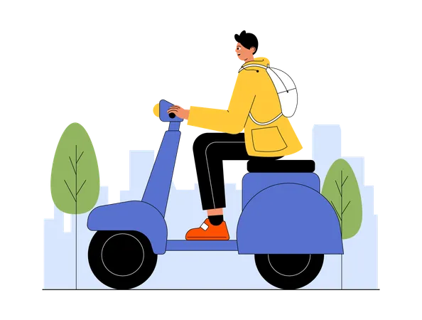 Hombre conduciendo un scooter hacia el punto de aventura  Ilustración