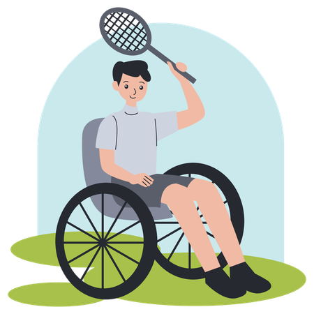 Atleta hombre en silla de ruedas jugando bádminton  Ilustración