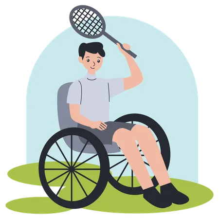 Atleta hombre en silla de ruedas jugando bádminton  Ilustración