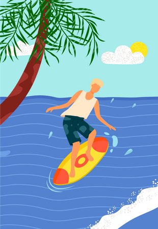 Hombre en tabla de surf en el mar con palma  Ilustración