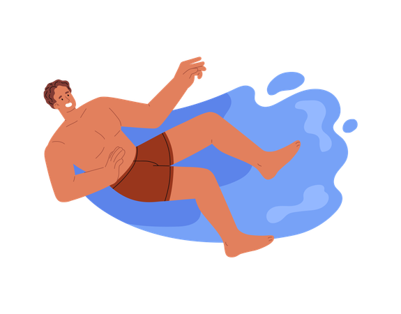 Hombre en traje de baño chapoteando en el agua mientras se desliza por un tobogán en un parque acuático  Ilustración