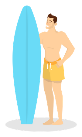 Hombre en traje de baño de pie y sosteniendo una tabla de surf  Ilustración
