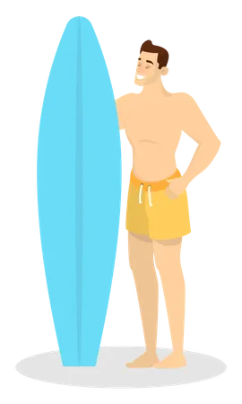 Hombre en traje de baño de pie y sosteniendo una tabla de surf  Ilustración