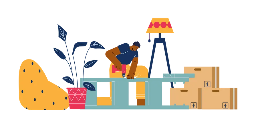 Hombre perforando una mesa con un taladro  Ilustración