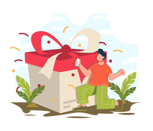 Al hombre le encanta recibir regalos en compras en línea  Ilustración