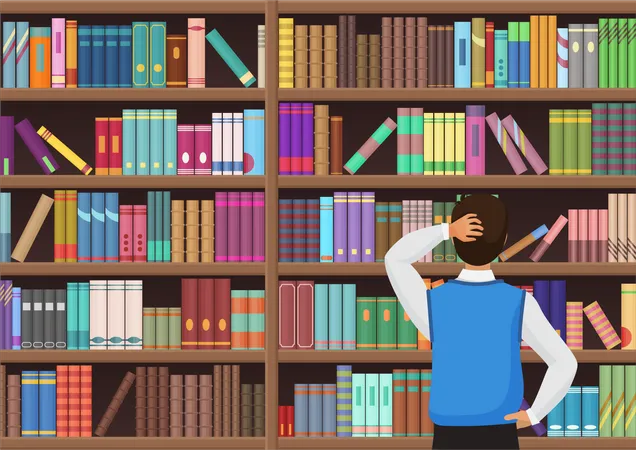 Hombre encontrando un libro en la biblioteca  Ilustración
