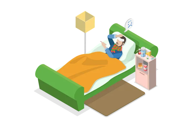 Hombre enfermo en la cama  Ilustración