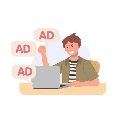 Hombre enojado con notificaciones de anuncios desde una computadora portátil  Ilustración