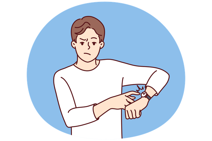 Un hombre enojado señala su reloj de pulsera y advierte sobre la fecha límite  Ilustración