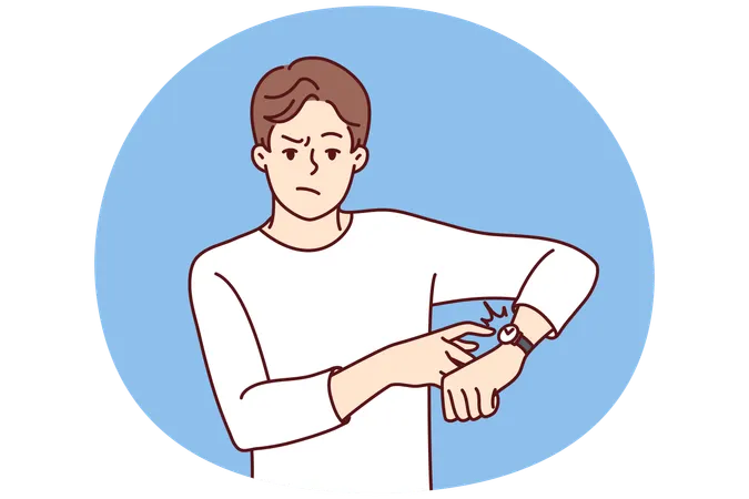 Un hombre enojado señala su reloj de pulsera y advierte sobre la fecha límite  Ilustración