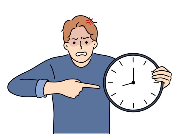 Hombre enojado señalando el reloj  Ilustración