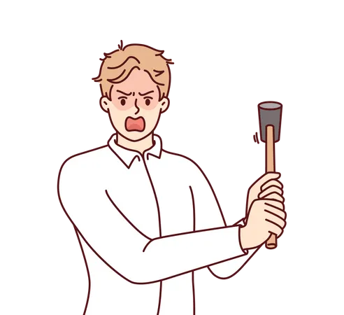 Hombre enojado sosteniendo un martillo  Ilustración