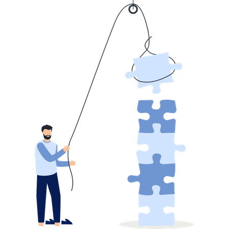 Hombre ensamblando piezas de rompecabezas Trabajo en equipo y resolución de problemas  Ilustración